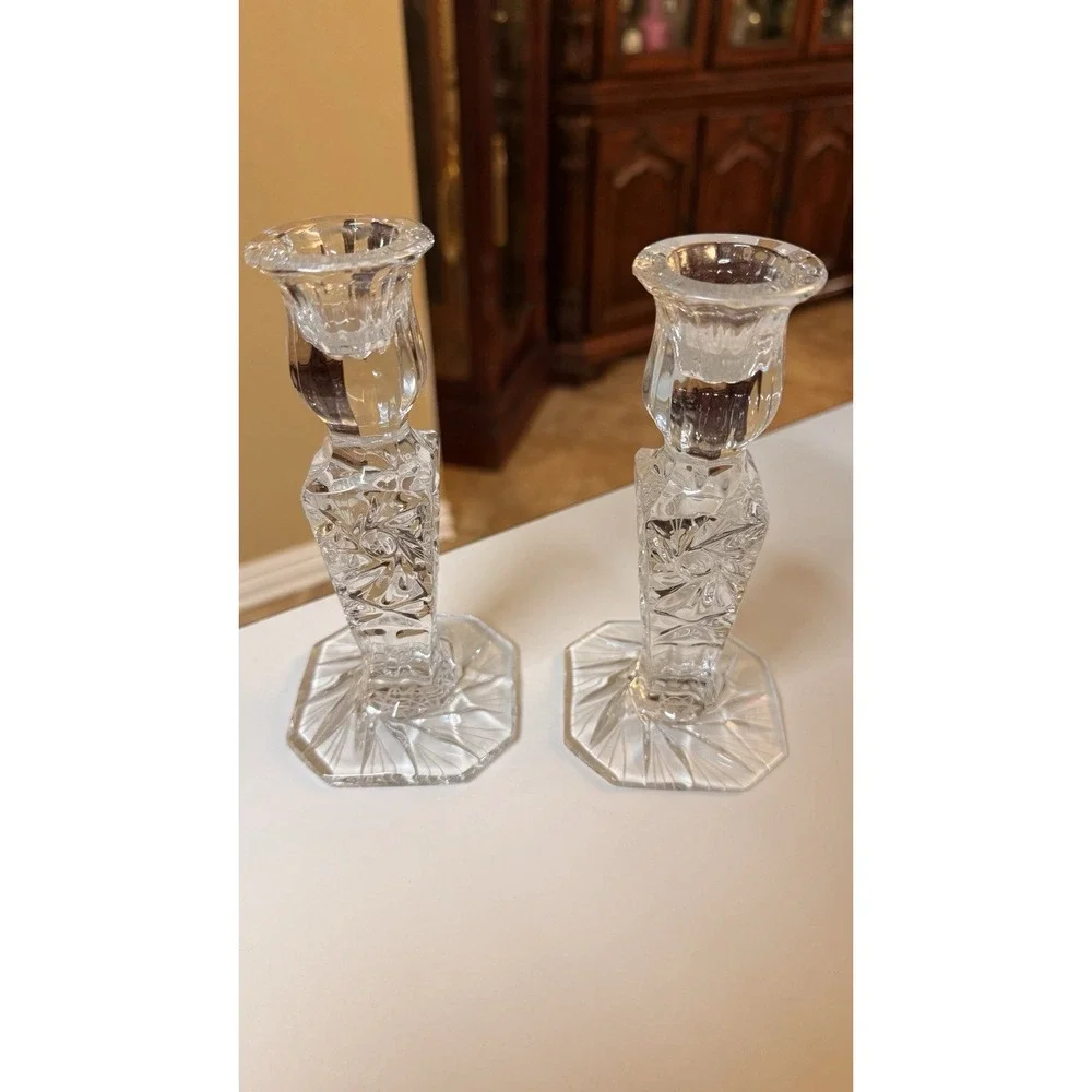 Vintage Cut Crystal Glass Candlestick Holders Set of 2 Starburst‎ Octagon